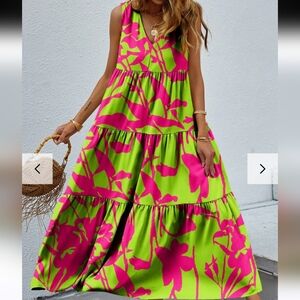 Vibrant Pink and Green Maxi Dress